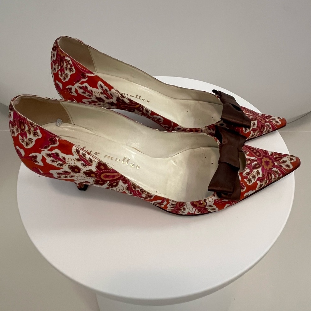 Red Floral Print Heels with Brown Bow by Bettye Muller